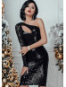 One Sleeve Black Sequin Sexy Cutout Party Dress